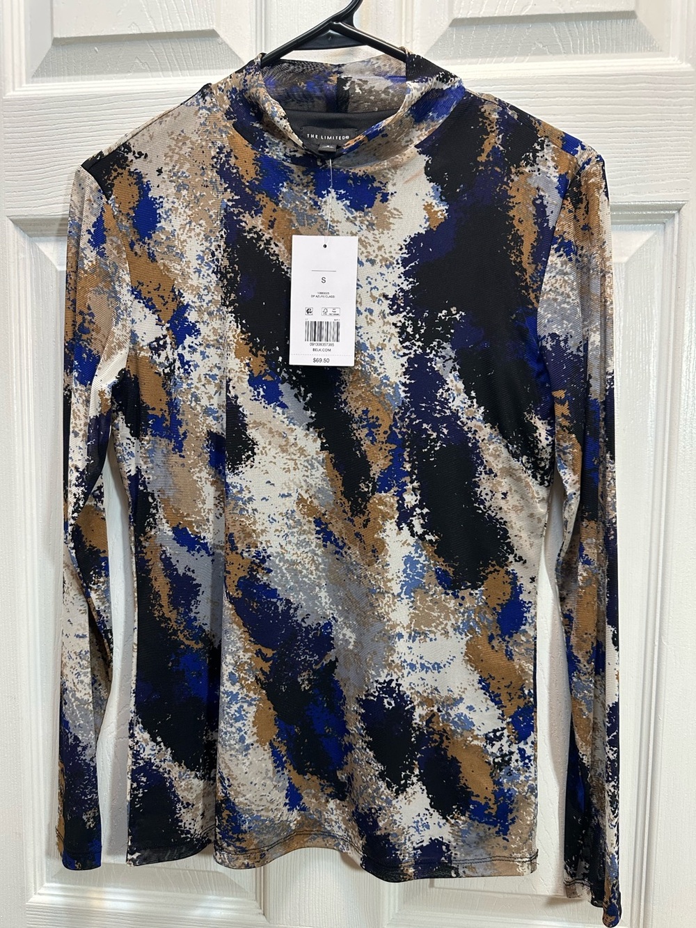 The Limited Blue Black Tan Abstract Mock Neck Top